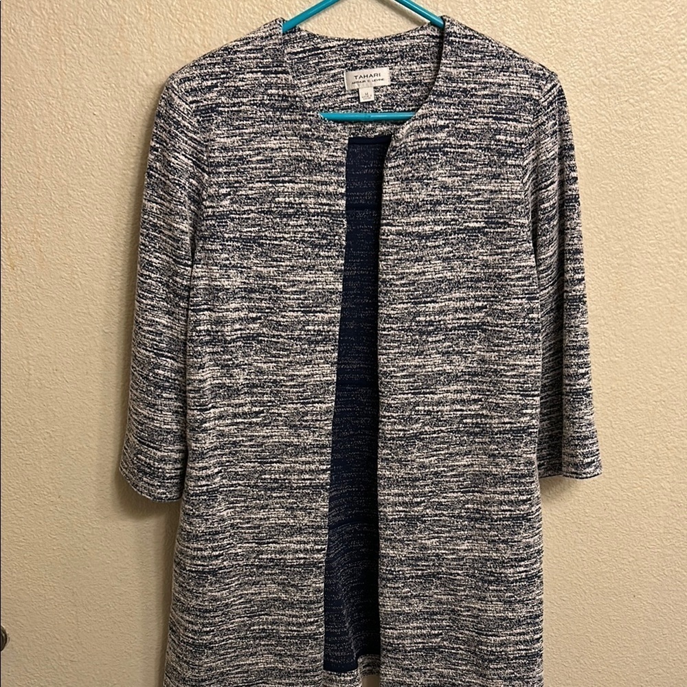 Tahari Women Blue White Open Cardigan Jacket Size Medium
